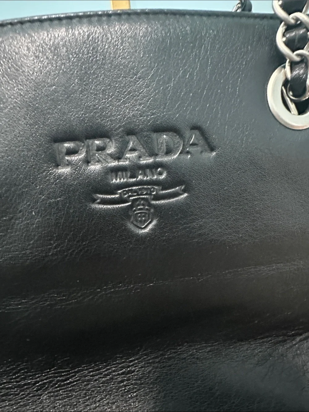 Used: Vintage Prada Black Leather Shoulder Bag with Silver Chain Straps
